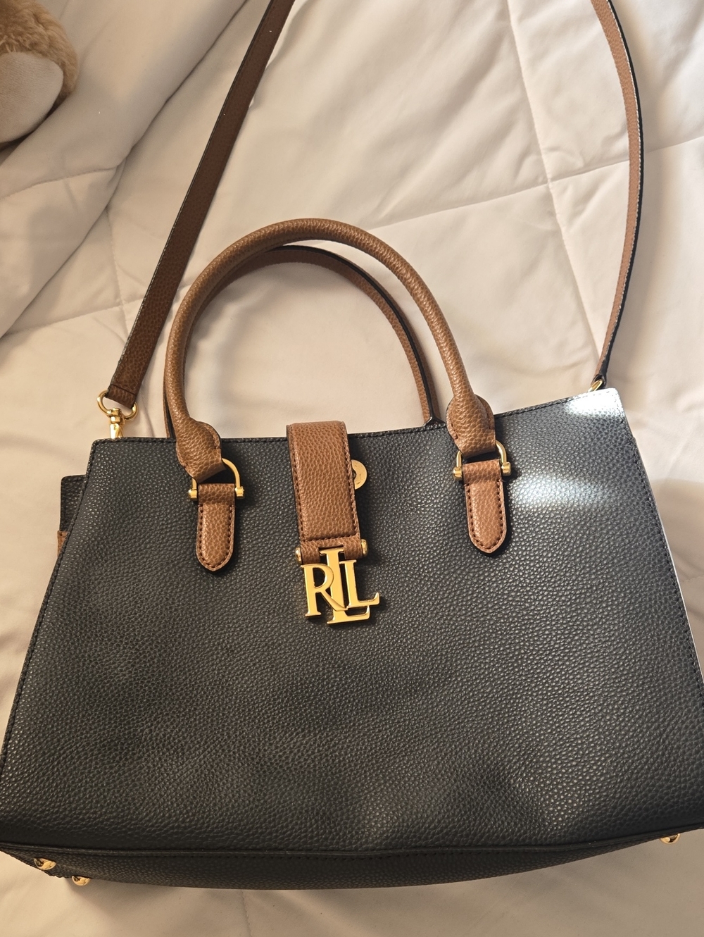 Ralph Lauren Black Pebble Leather Satchel with Brown Trims